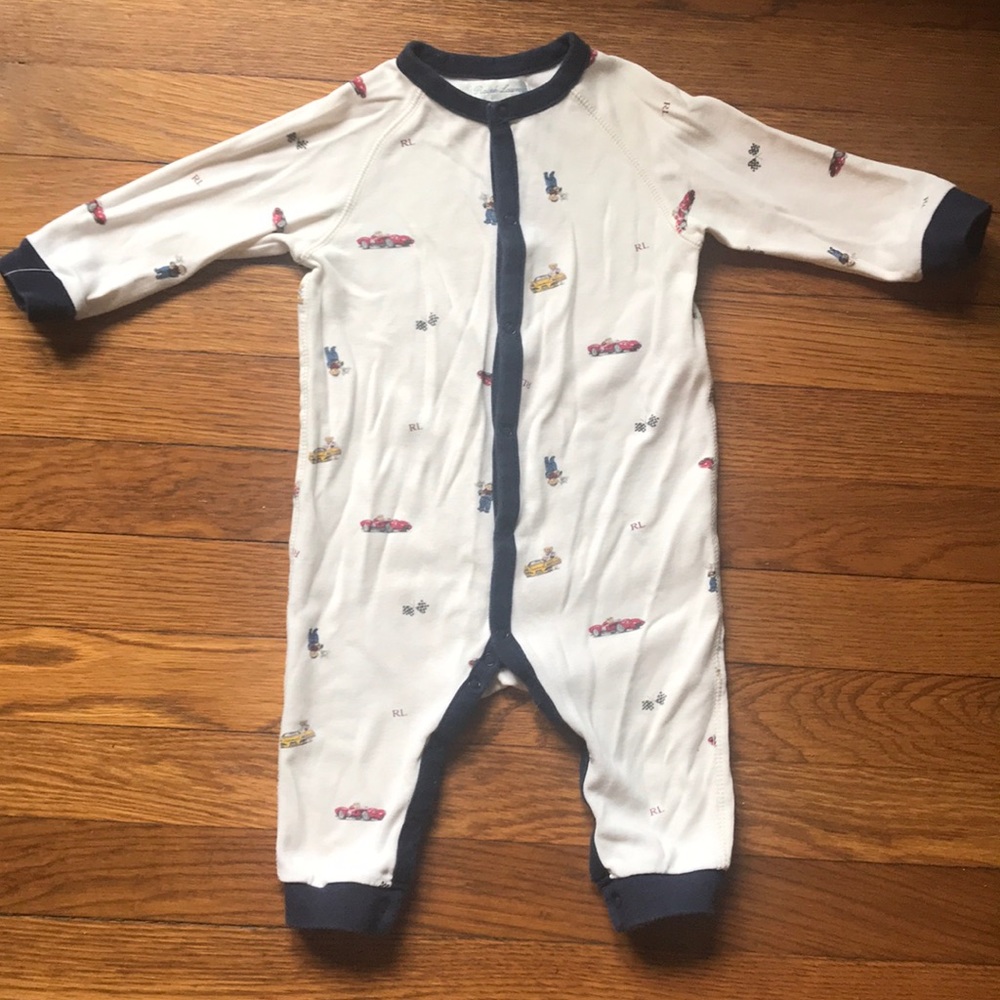 Ralph Lauren Teddy Bear Race Car Romper, 9m